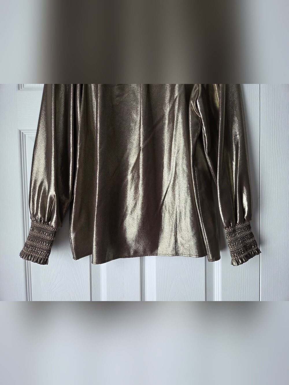 Karl Lagerfeld Paris Metallic Gold Smocked High-Neck Blouse Size M - Picture 6 of 12